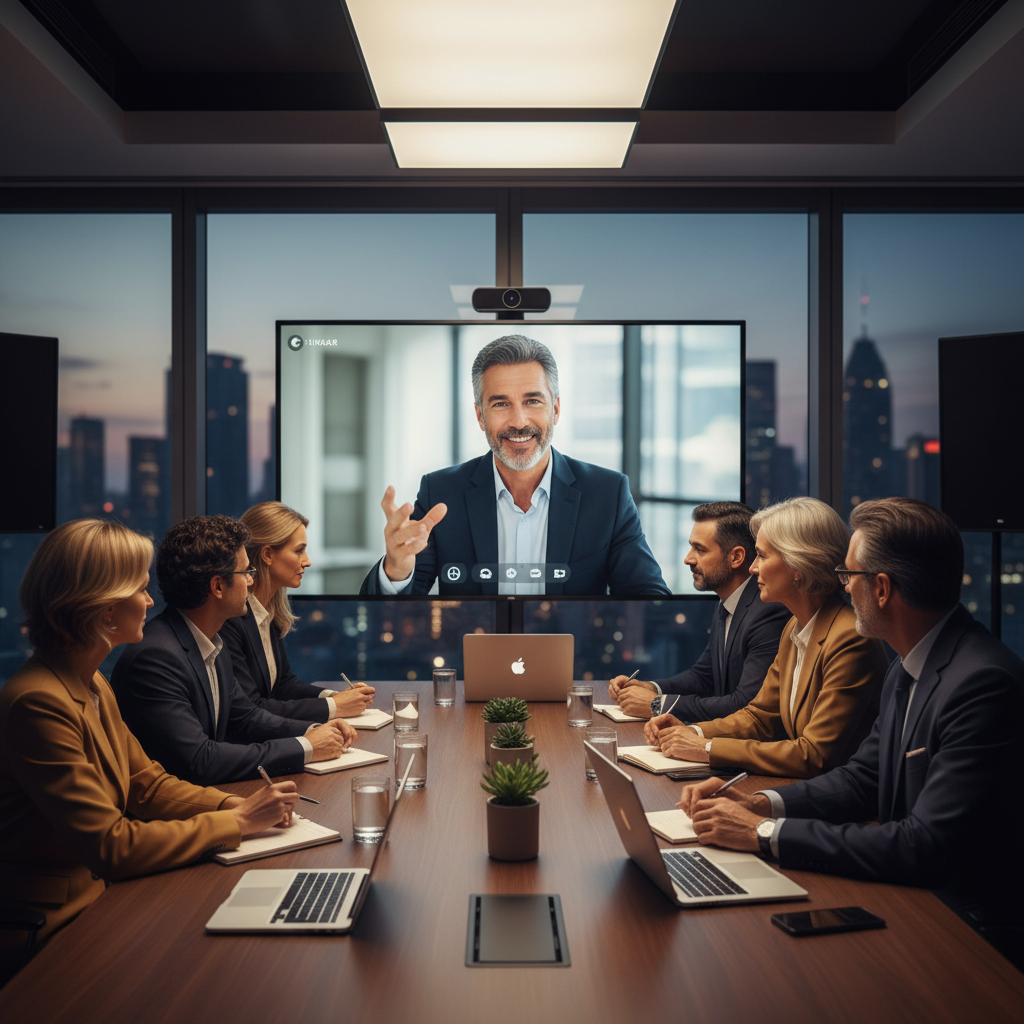 Líderes de empresa participando de mentoria digital em sala de reunião